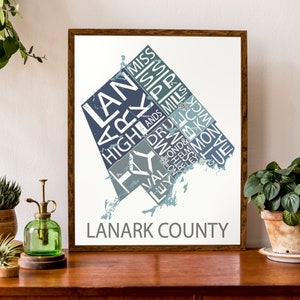 Carte typographique du comté de Lanark | carte du comté Imprimer | | d’art sur la carte de l’Ontario carte canadienne | | d’affiche de carte personnalisée Impression de carte personnalisée