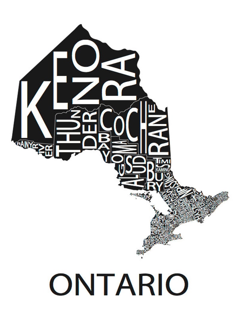 Typographic Map of Ontario 49 Municipalities Map Provincial Map Canadian Map Custom Map Poster Personalized Map Print Black