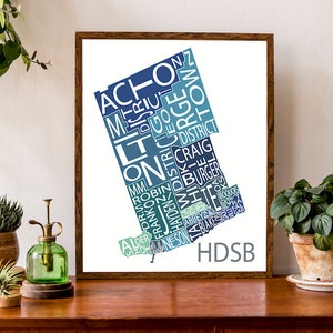Carte typographique de la région de Halton, divisée en districts d'écoles secondaires | Carte HDSB | Poster Carte de Burlington, Halton Hills, Milton, Oakville