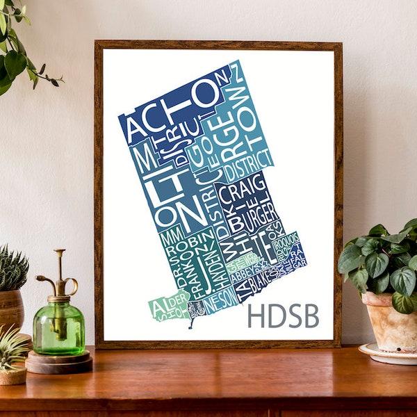 Typographic Map of Halton Region, divided into its High School Districts | HDSB Map | Burlington, Halton Hills, Milton, Oakville Map Poster