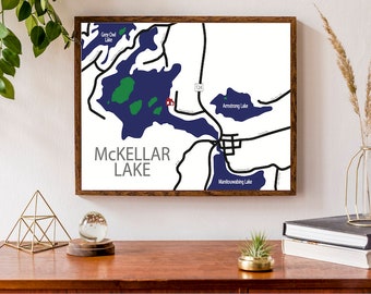 Carte typographique du lac McKellar, Ontario, Canada | Parry Sound Cottage, carte du pays | Carte du Canada | Impression de carte personnalisée | Illustration de carte personnalisée