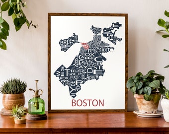 Typographic Map of Boston, Massachusetts | Neighborhood Map | City Map Print | USA Map Poster | Custom Map Poster | Personalized Map Art