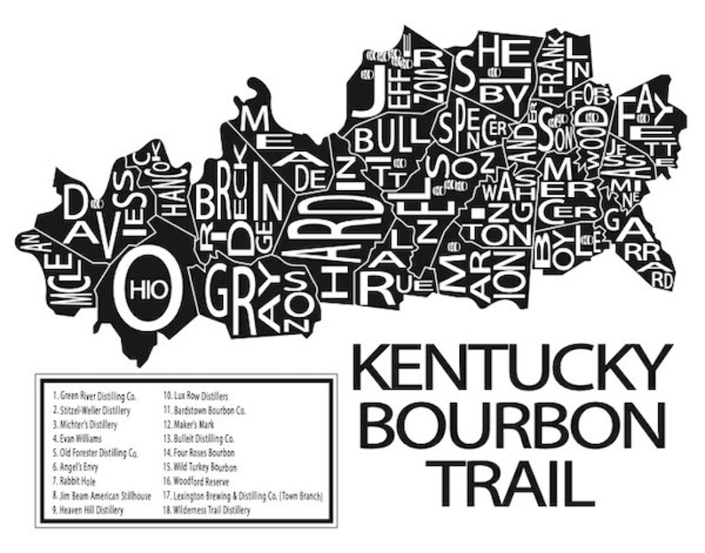 Typographic Map of the Kentucky Bourbon Trail USA Map Print | Etsy