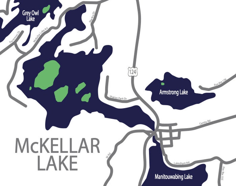 Typographic Map of McKellar Lake, Ontario, Canada Parry Sound Cottage Country Map Canadian Map Custom Map Print Personalized Map Art Colour Chart #7