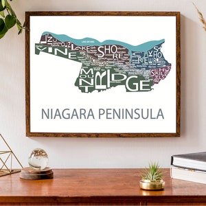 Carte typographique de la péninsule du Niagara avec les vignobles et les appellations | Impression de carte de Beamsville, Jordanie, Vineland | Carte des amateurs de vin de l'Ontario