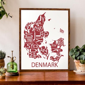 Carte typographique du Danemark | Régions administratives du Danemark | Impression carte danoise | Carte de l'Europe | Poster de carte personnalisée | Illustration de carte personnalisée
