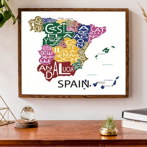 Carte typographique de l'Espagne avec les îles Baléares et Canaries | Carte des régions espagnoles Impression | Carte de l'Europe | Poster de carte personnalisé