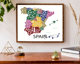 Typographic Map of Spain with the Balearic & Canary Islands | Spanish Regions Map Print | European Map | Custom Map Poster
