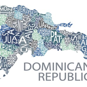 May include: A map of the Dominican Republic with the names of each province written in white text on a blue, green, and gray background.