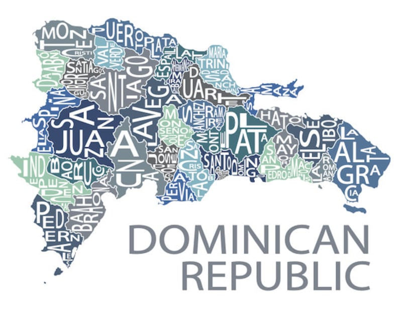 May include: A map of the Dominican Republic with the names of each province written in white text on a blue, green, and gray background.
