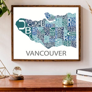 Carte typographique de Vancouver, Colombie-Britannique, Canada | Impression du plan de la ville | Carte du Canada | Poster de carte personnalisée | Impression de carte personnalisée