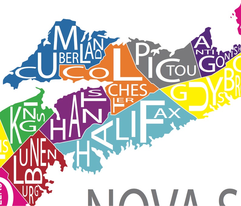K&ouml;nnte beinhalten: Eine bunte Karte von Nova Scotia mit den Namen der verschiedenen Regionen in wei&szlig;en Buchstaben. Die Regionen sind: Cumberland, Colchester, Pictou, Antigonish, Guysborough, Halifax, Lunenburg, Kings, Annapolis und Digby.