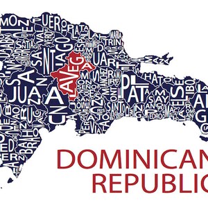 May include: A map of the Dominican Republic with the names of each province in white text on a dark blue background. The province of La Vega is highlighted in red. The text "DOMINICAN REPUBLIC" is written in red below the map.