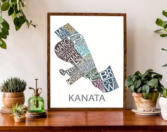 Typographic Map of Kanata, Ontario | Ottawa Area Map | Neighbourhood Print | City Map Print | Custom Map Poster | Personalized Map Art