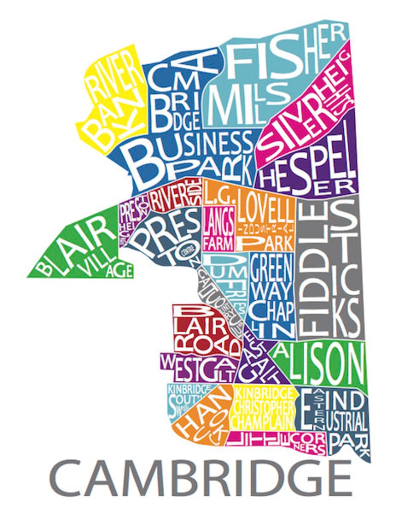 Typographic Map of Kitchener Waterloo and Cambridge Map of Etsy