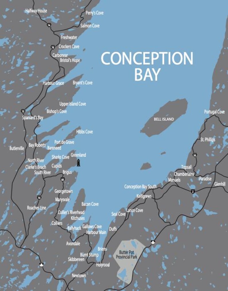 Typographic Map of Conception Bay, Newfoundland | Atlantic Ocean ...