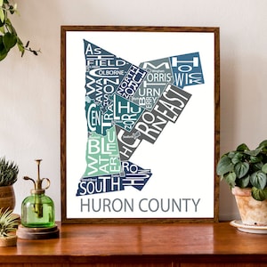 Carte typographique du comté de Huron, Ontario | Impression de carte du comté | Carte de la région du lac Huron | Carte du Canada | Poster de carte personnalisée | Impression de carte personnalisée