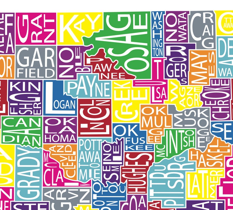 Typographic Map of Oklahoma USA State Map OK Counties Map Etsy