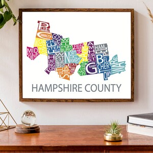 Carte typographique du comté de Hampshire, Massachusetts | Carte de la ville du comté d'impression | Affiche de carte des Etats-Unis | Poster de carte personnalisée | Illustration de carte personnalisée