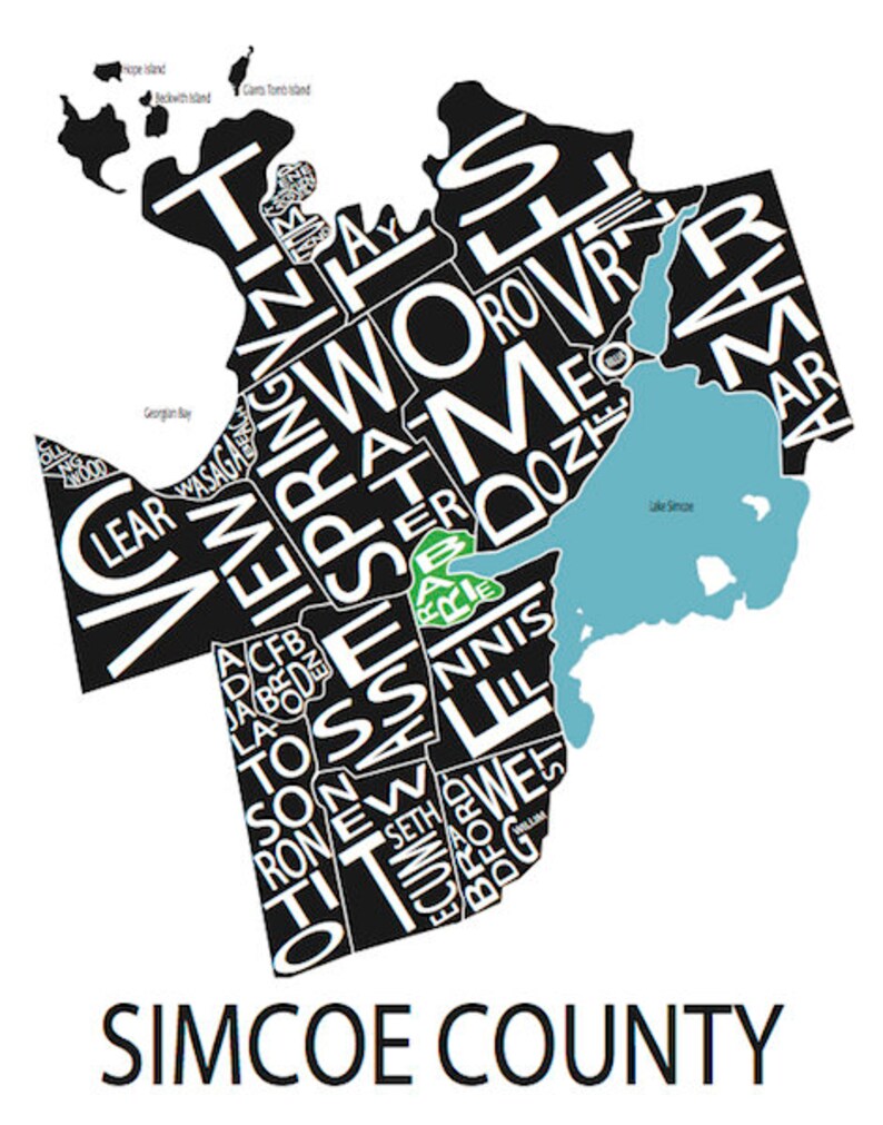 Typographic Map of Simcoe County Lake Simcoe Area Map Etsy