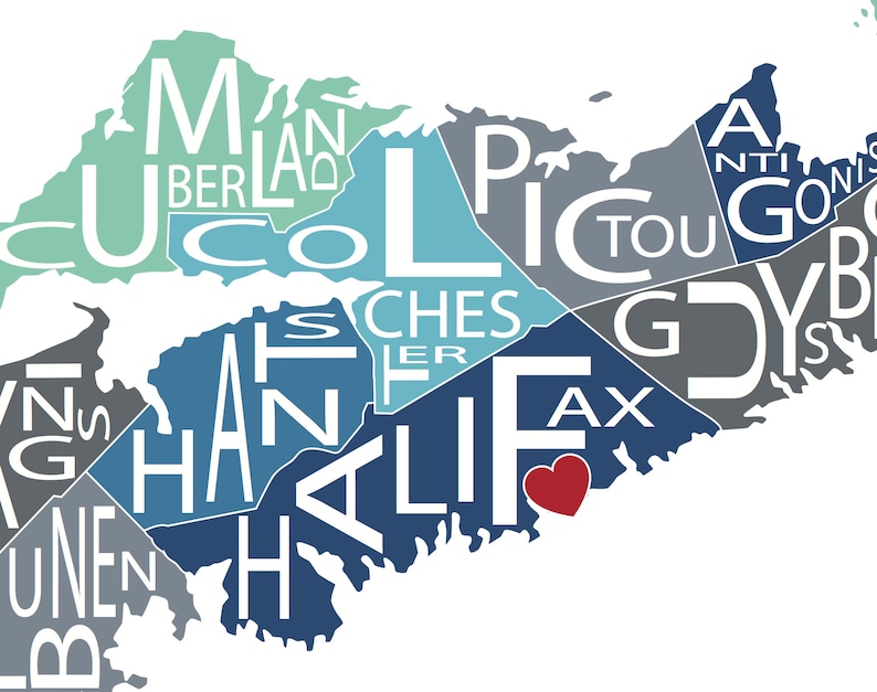 K&ouml;nnte beinhalten: Eine Karte von Nova Scotia, Kanada, mit den Namen der wichtigsten St&auml;dte und Gemeinden in wei&szlig;en Buchstaben auf blauem, grauem und gr&uuml;nem Hintergrund. Die Stadt Halifax ist mit einem roten Herzen hervorgehoben.