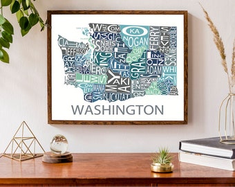 Typographic Map of Washington State | WA State Map | USA Map Poster | United States of America Map | Custom Map Poster | Personalized Art