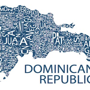 May include: A blue and white map of the Dominican Republic with the names of each province written inside the outline of the country.