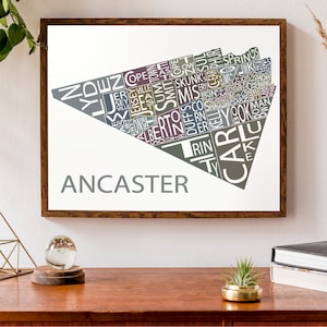 Carte typographique d’Ancaster, Ontario | carte de quartier | Carte de la ville de Hamilton | Carte de la ville de l’Ontario | | d’affiche de carte personnalisée Art cartographique personnalisé