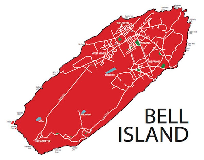 Typographic Map of Bell Island, Newfoundland Avalon Peninsula Conception Bay Maritimes Map Custom Map Poster Personalized Map Art Red