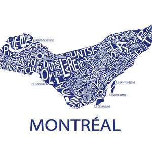 Typographic Map of Montreal, Quebec City Map Print Neighbourhood Map Custom Map Poster Personalized Map Art Royal Blue
