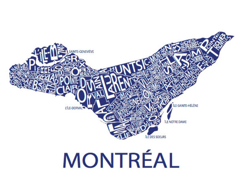 Typographic Map of Montreal, Quebec City Map Print Neighbourhood Map Custom Map Poster Personalized Map Art Royal Blue