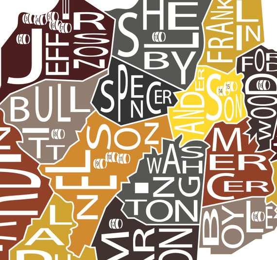 Typographic Map of the Kentucky Bourbon Trail | USA Map Print