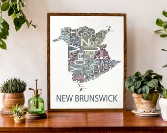 Typographic Map of New Brunswick, Canada | Provincial Map | Canadian Map | Custom Map Poster | Personalized Map Print