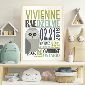May include: A nursery print with a gray owl illustration and the text "Vivienne Raedzelme 02.21.2018 9 pounds 22 3/4 inches 11:42 AM Cambridge Ontario".