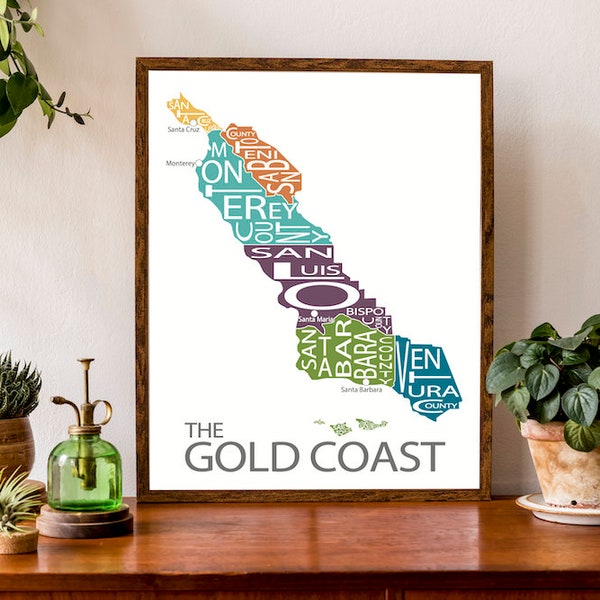 Typographic Map of the Gold Coast, California | Californian Coastline | USA Map | CA United States Map | Custom Map Poster | Personalized
