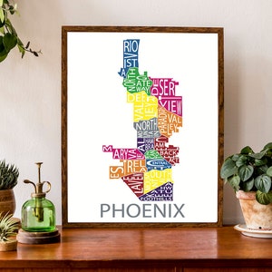 Carte typographique de Phoenix, Arizona | Carte des villages urbains | Carte du quartier | Impression du plan de la ville | Affiche de carte des Etats-Unis | Poster de carte personnalisé