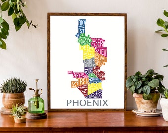 Typographic Map of Phoenix, Arizona | Urban Villages Map | Neighborhood Map | City Map Print | USA Map Poster | Custom Map Poster