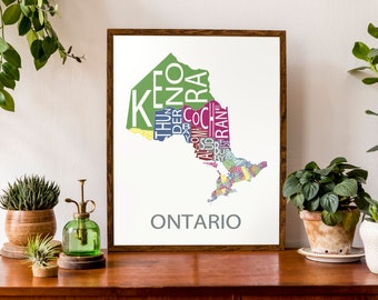 Typographic Map of Ontario | 49 Municipalities Map | Provincial Map | Canadian Map | Custom Map Poster | Personalized Map Print