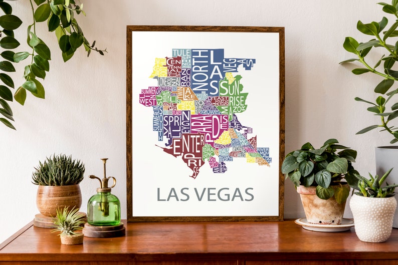 Typographic Map of Las Vegas, Nevada Neighborhood Map City Map Print USA Map Poster Custom Map Poster Personalized Map Art Multi-Bright (Pic 1)