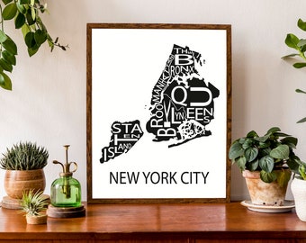 Typographic Map of New York City, New York | Boroughs of NYC Map | USA City Map | Custom Map Poster | Manhattan Brooklyn Queens Bronx Staten