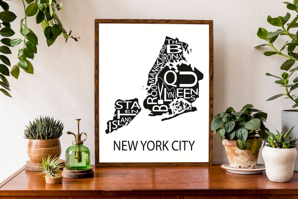 Typographic Map of New York City, New York | Boroughs of NYC Map | USA City Map | Custom Map Poster | Manhattan Brooklyn Queens Bronx Staten