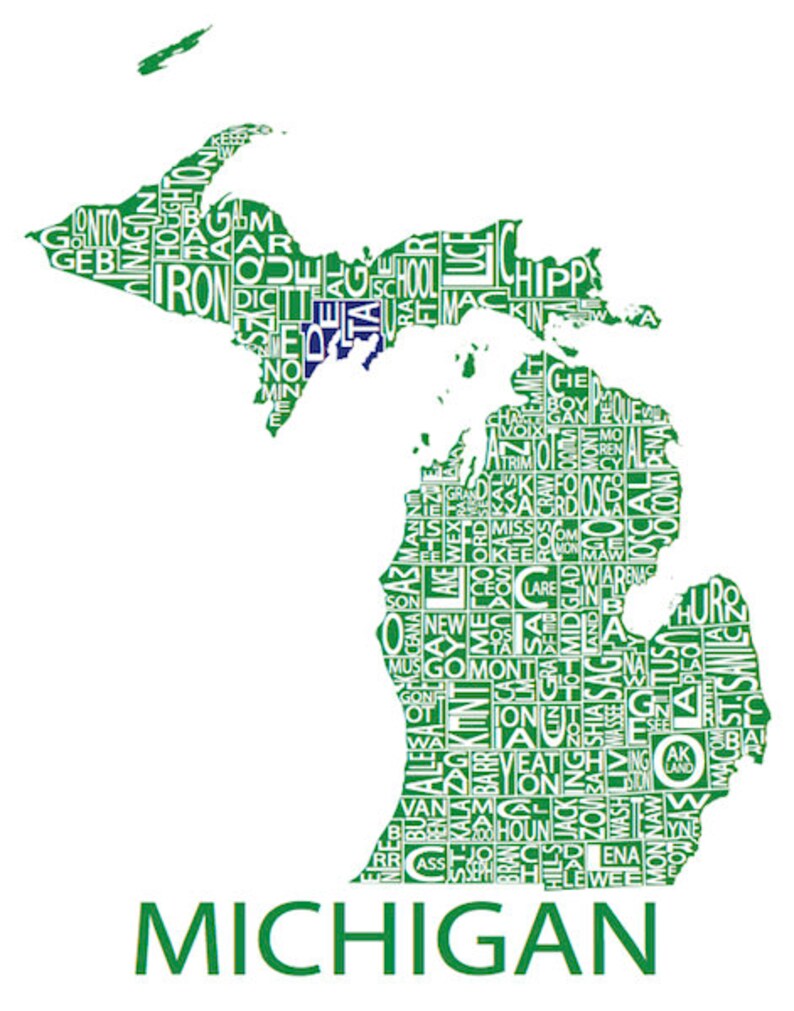 Typographic Map of Michigan State USA State Counties Poster Etsy