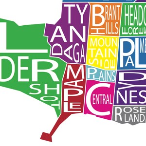 May include: A colorful map of the city of Lander, Wyoming, with the names of the different neighborhoods written in white letters. The neighborhoods are: Lander, Ty, Dagga, Maple, Central, Plains, Mountain, Brant Hills, Headon, Cloud, Palmer, and Roses Land.