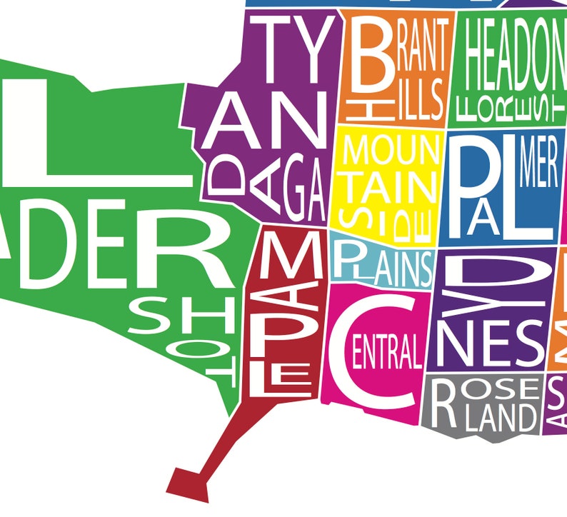 May include: A colorful map of the city of Lander, Wyoming, with the names of the different neighborhoods written in white letters. The neighborhoods are: Lander, Ty, Dagga, Maple, Central, Plains, Mountain, Brant Hills, Headon, Cloud, Palmer, and Roses Land.