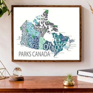 Carte typographique des parcs nationaux du Canada | Carte des parcs nationaux | Carte des campings | Carte du Canada | Poster de carte personnalisée | Impression de carte personnalisée