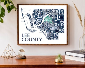 Typographic Map of Lee County, Florida | Fort Myers | Cape Coral | Sanibel Island | County Map Print | USA Map Poster | Custom Map Poster