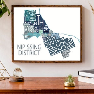 Carte typographique du district de Nipissing | North Bay East Ferris Mattawa Impression | Carte du Nord de l'Ontario | Poster personnalisé | Carte personnalisée