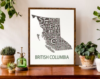 Typographic Map of British Columbia, Canada | Provincial Map | Canadian Map | Custom Map Poster | Personalized Map Print