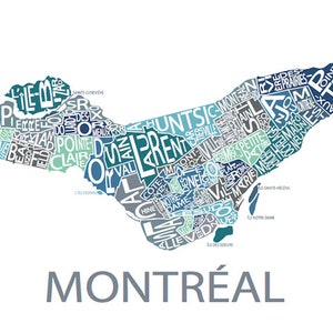 Typographic Map of Montreal, Quebec City Map Print Neighbourhood Map Custom Map Poster Personalized Map Art Multi-Blues (Pic 4)