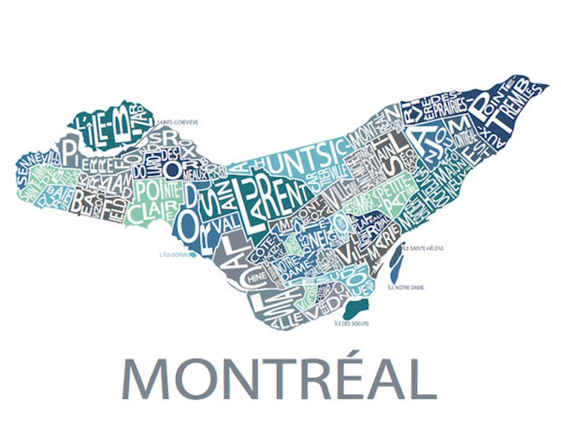 Typographic Map of Montreal, Quebec City Map Print Neighbourhood Map Custom Map Poster Personalized Map Art Multi-Blues (Pic 4)